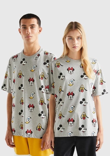  Unisex Gri %100 Koton Küçük Disney Baskılı T-Shirt