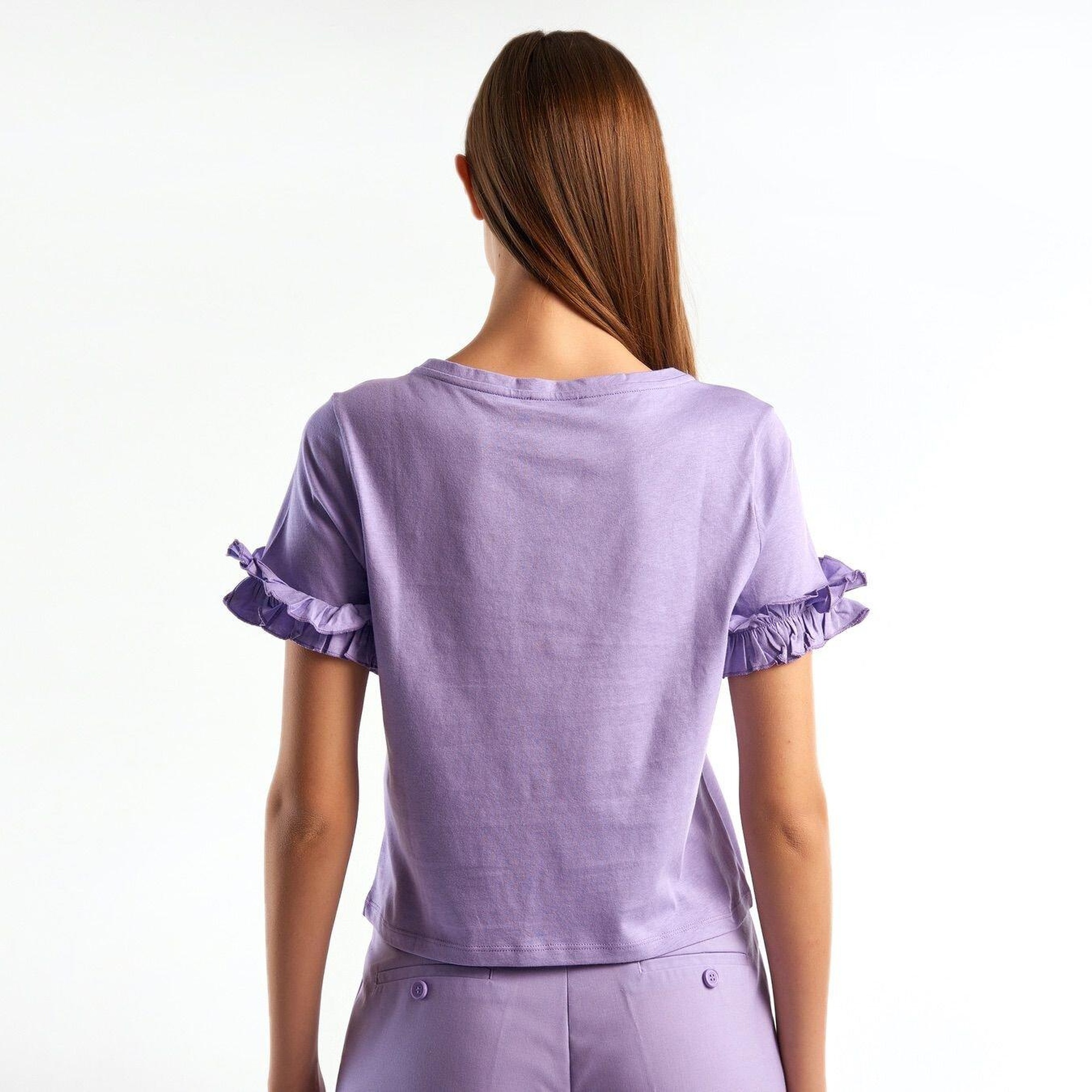 Kadın Lila %100 Koton Kolu Fırfırlı T-Shirt