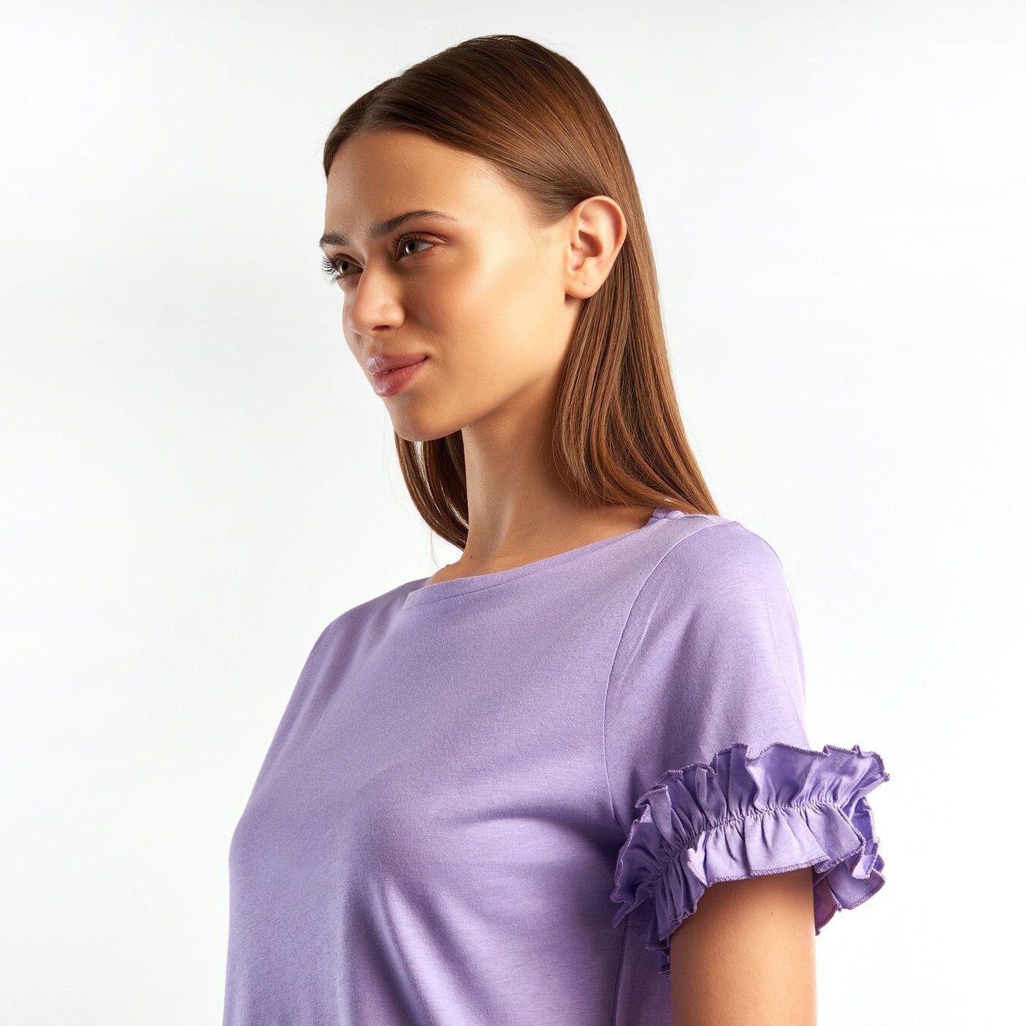 Kadın Lila %100 Koton Kolu Fırfırlı T-Shirt