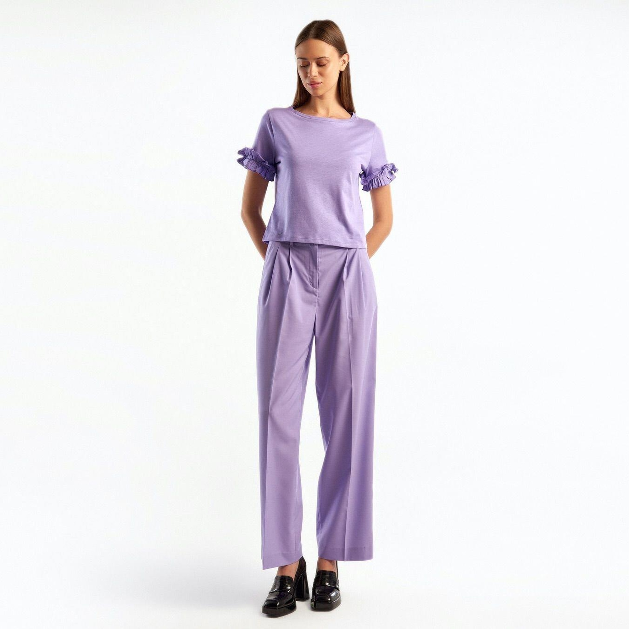 Kadın Lila %100 Koton Kolu Fırfırlı T-Shirt