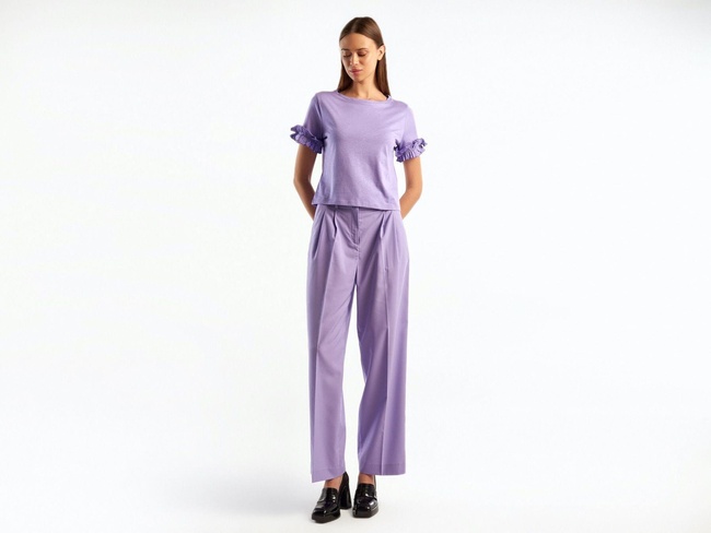  Kadın Lila %100 Koton Kolu Fırfırlı T-Shirt