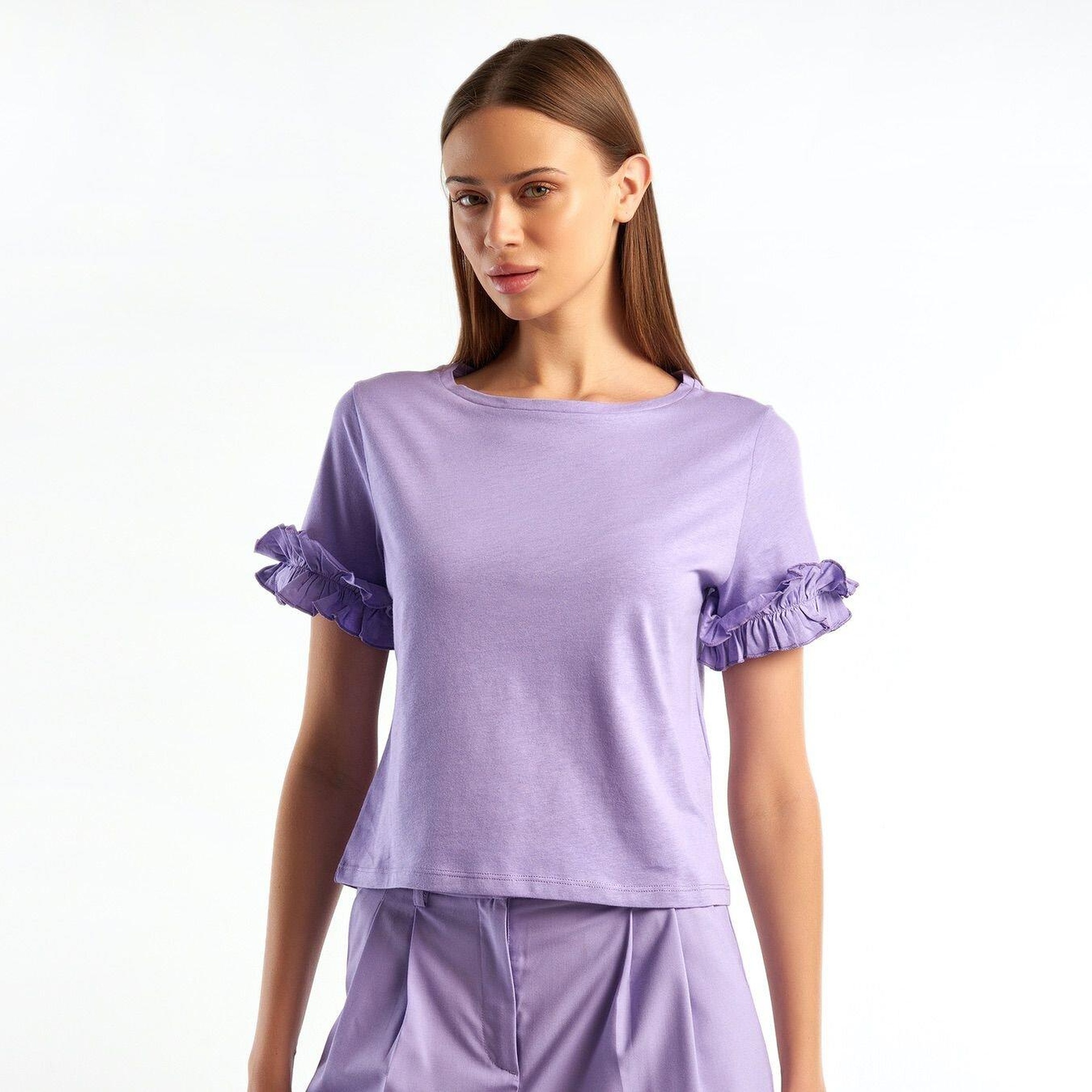 Kadın Lila %100 Koton Kolu Fırfırlı T-Shirt