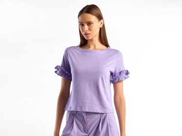  Kadın Lila %100 Koton Kolu Fırfırlı T-Shirt