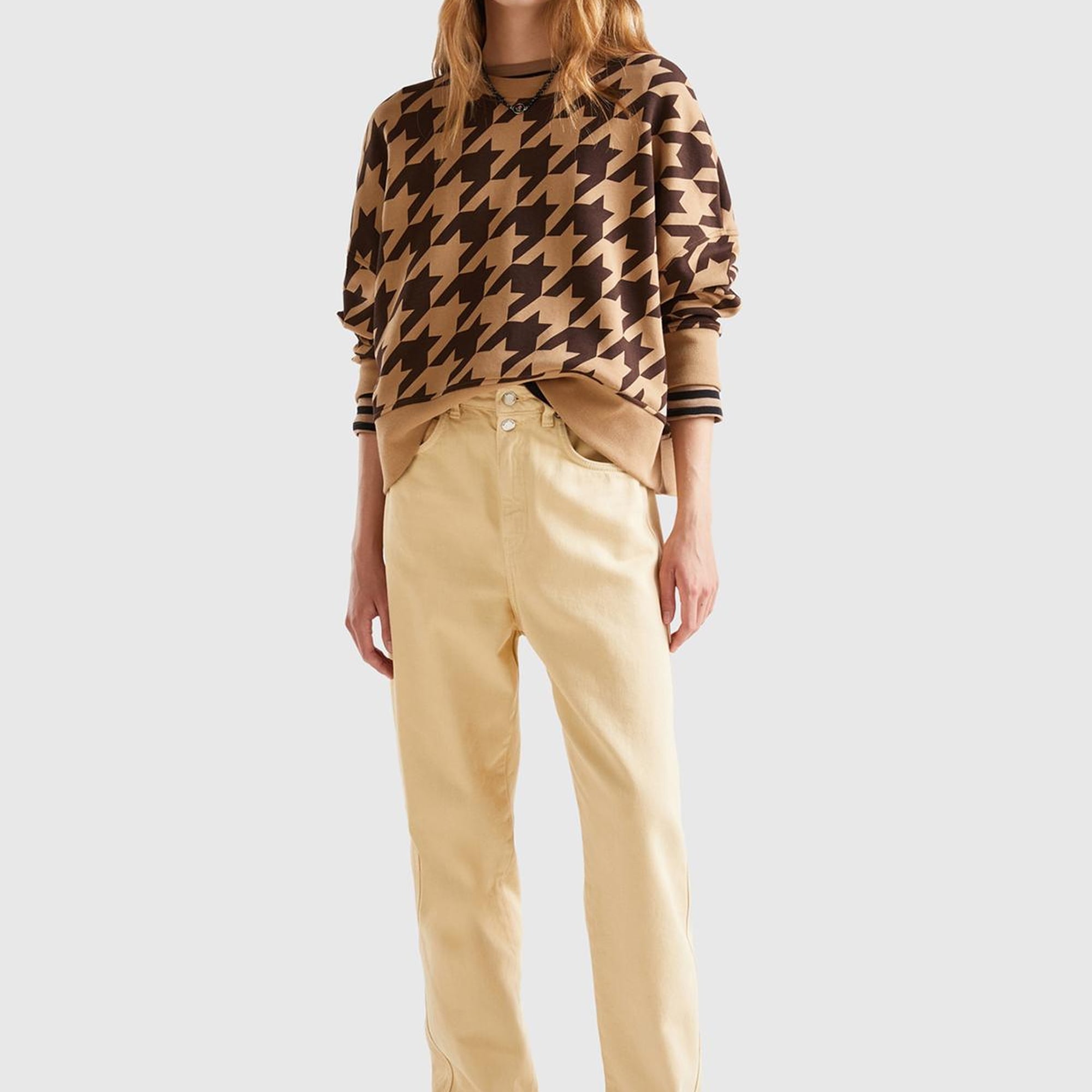 Kadın Kahverengi Kazayağı Desenli Boxy Fit Sweatshirt