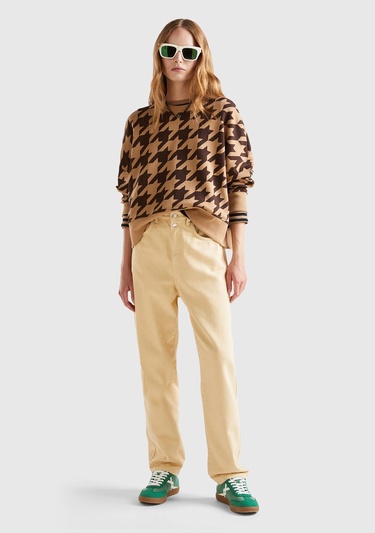  Kadın Kahverengi Kazayağı Desenli Boxy Fit Sweatshirt