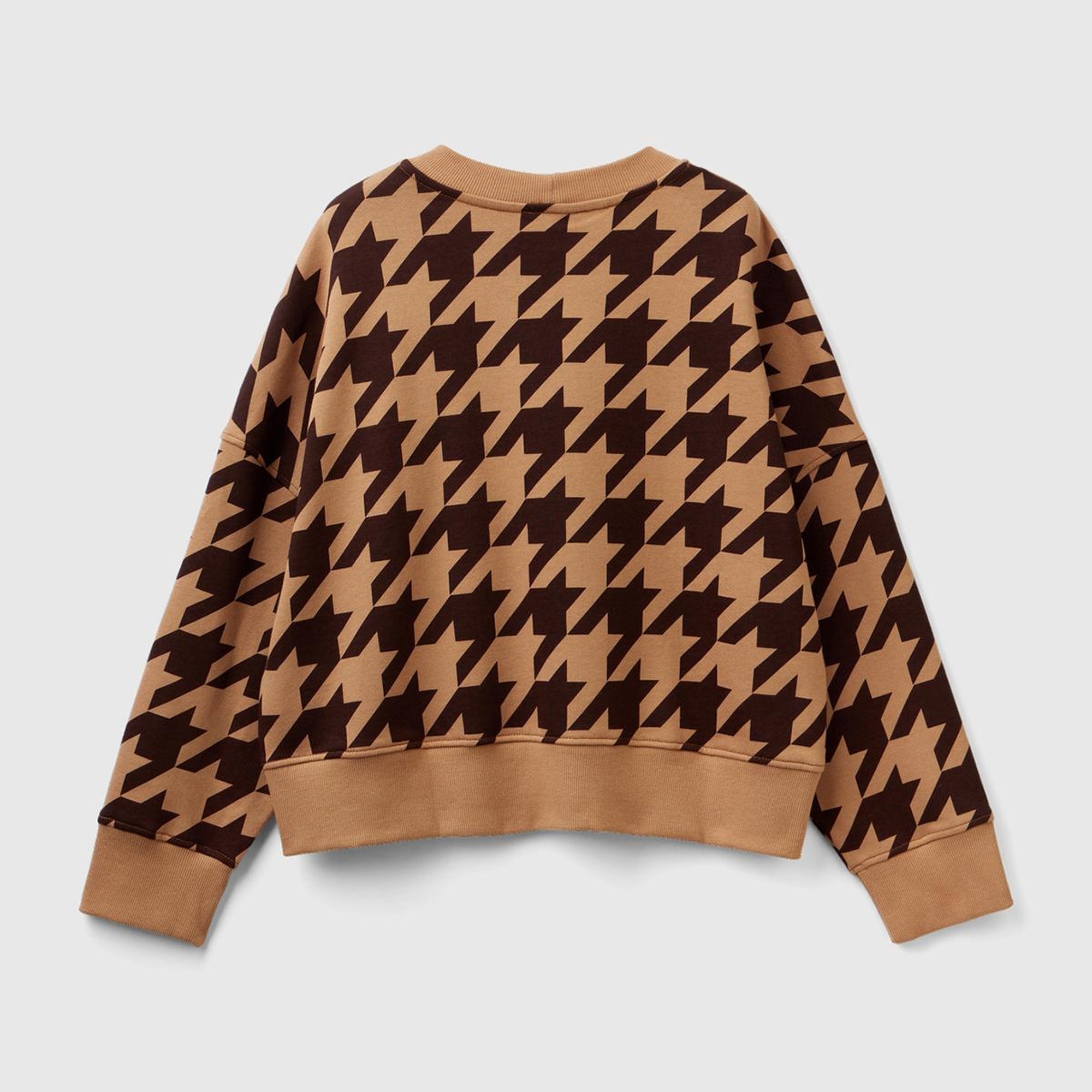 Kadın Kahverengi Kazayağı Desenli Boxy Fit Sweatshirt