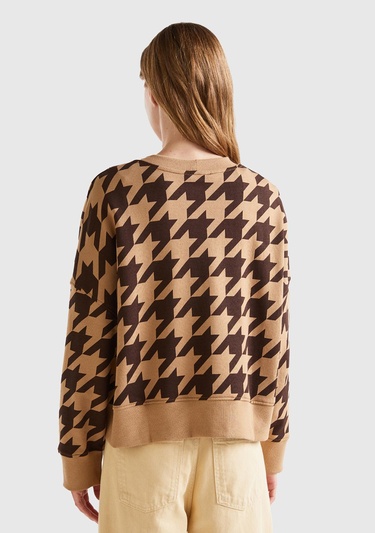  Kadın Kahverengi Kazayağı Desenli Boxy Fit Sweatshirt