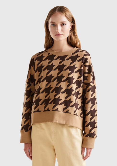  Kadın Kahverengi Kazayağı Desenli Boxy Fit Sweatshirt