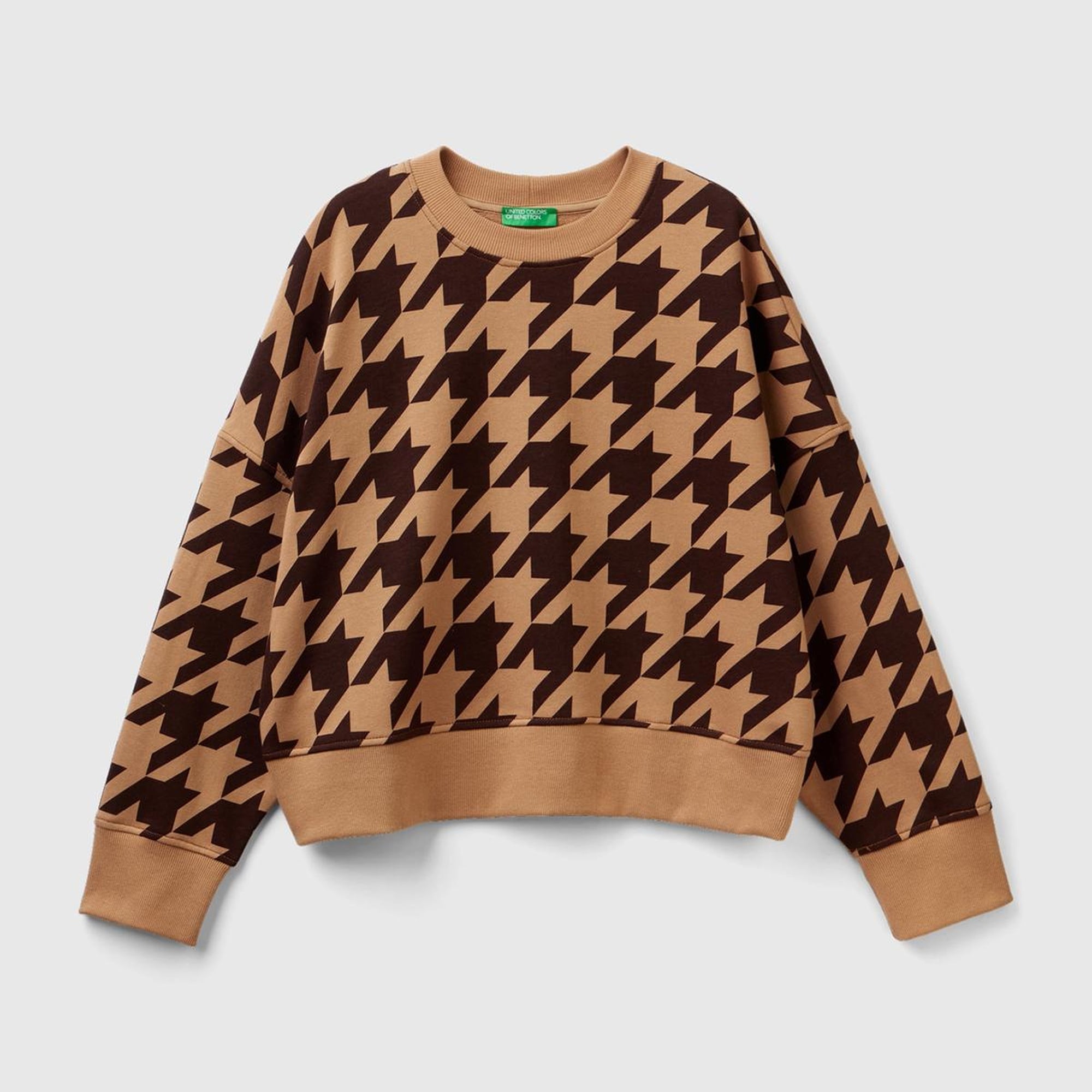 Kadın Kahverengi Kazayağı Desenli Boxy Fit Sweatshirt