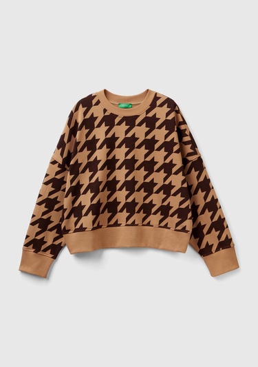  Kadın Kahverengi Kazayağı Desenli Boxy Fit Sweatshirt