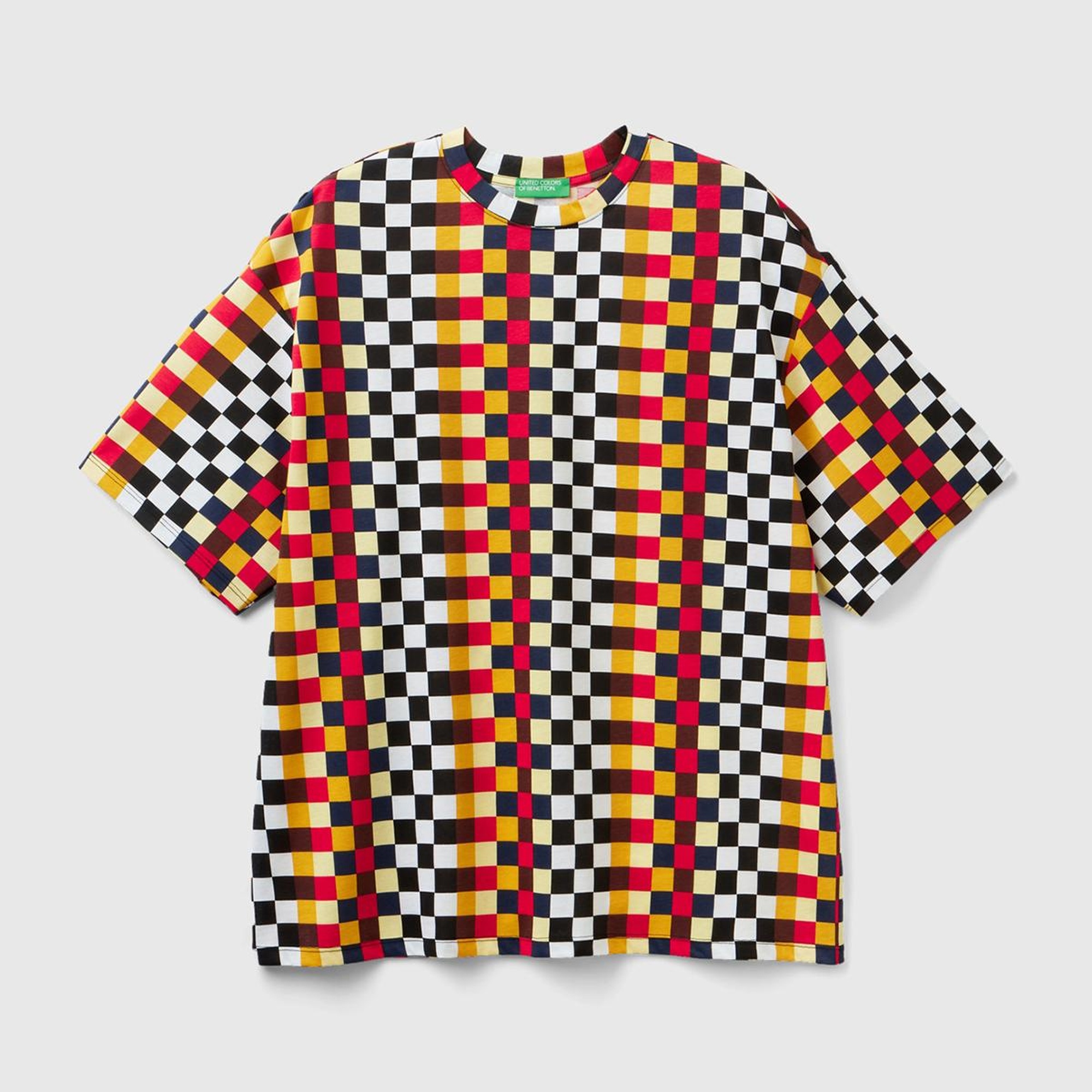 Kadın Renkli %100 Koton Renkli Dama Desenli T-Shirt