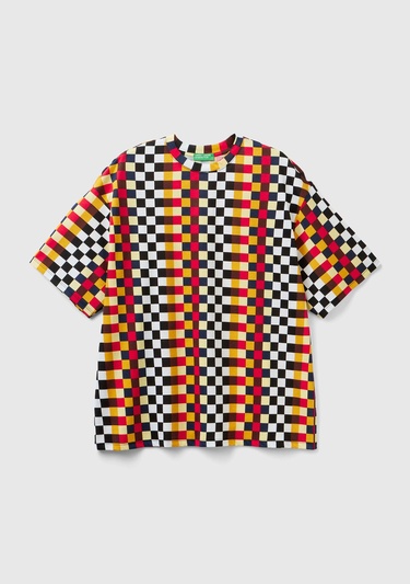  Kadın Renkli %100 Koton Renkli Dama Desenli T-Shirt