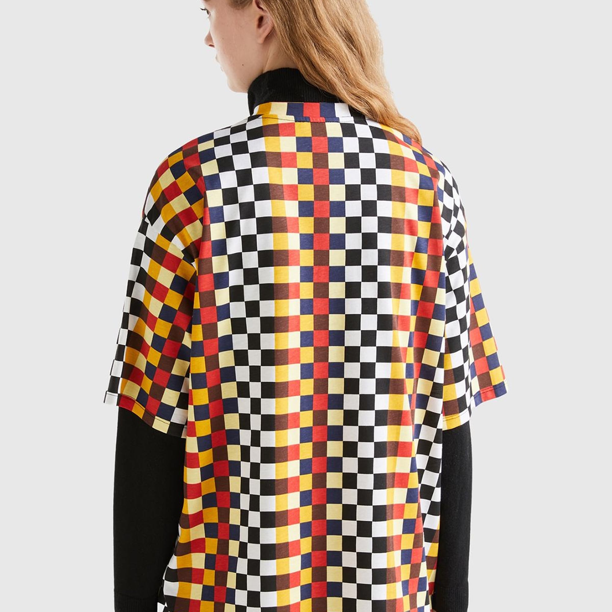 Kadın Renkli %100 Koton Renkli Dama Desenli T-Shirt