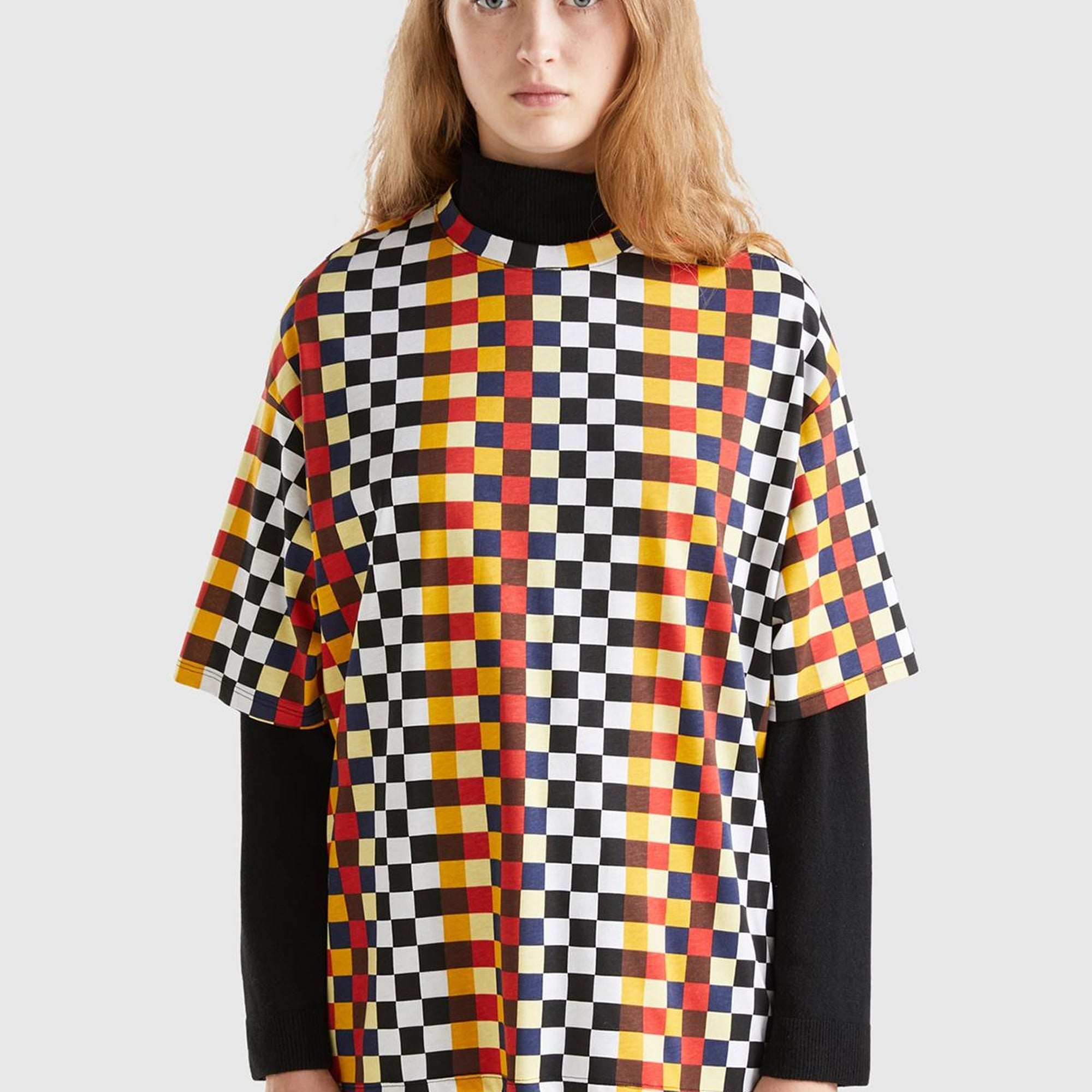 Kadın Renkli %100 Koton Renkli Dama Desenli T-Shirt