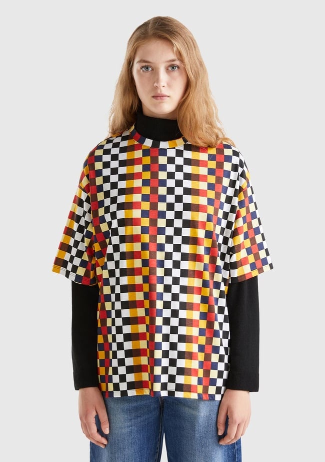  Kadın Renkli %100 Koton Renkli Dama Desenli T-Shirt