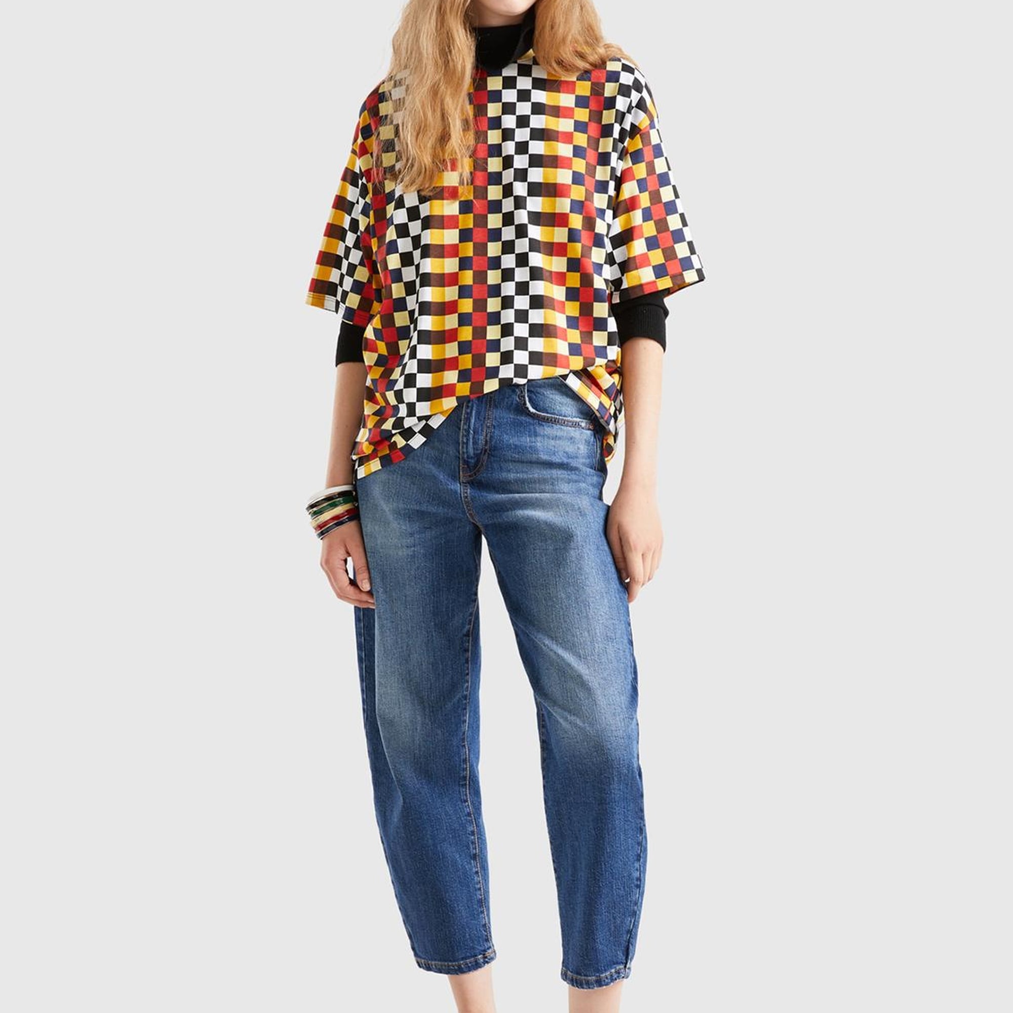 Kadın Renkli %100 Koton Renkli Dama Desenli T-Shirt