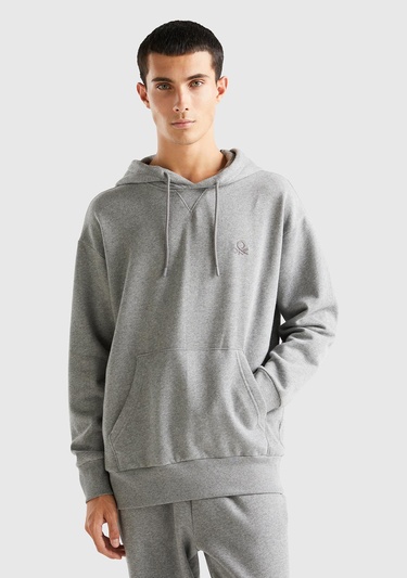  Erkek Koyu Gri Melanj %100 Koton Kapşonlu Cepli Sweatshirt