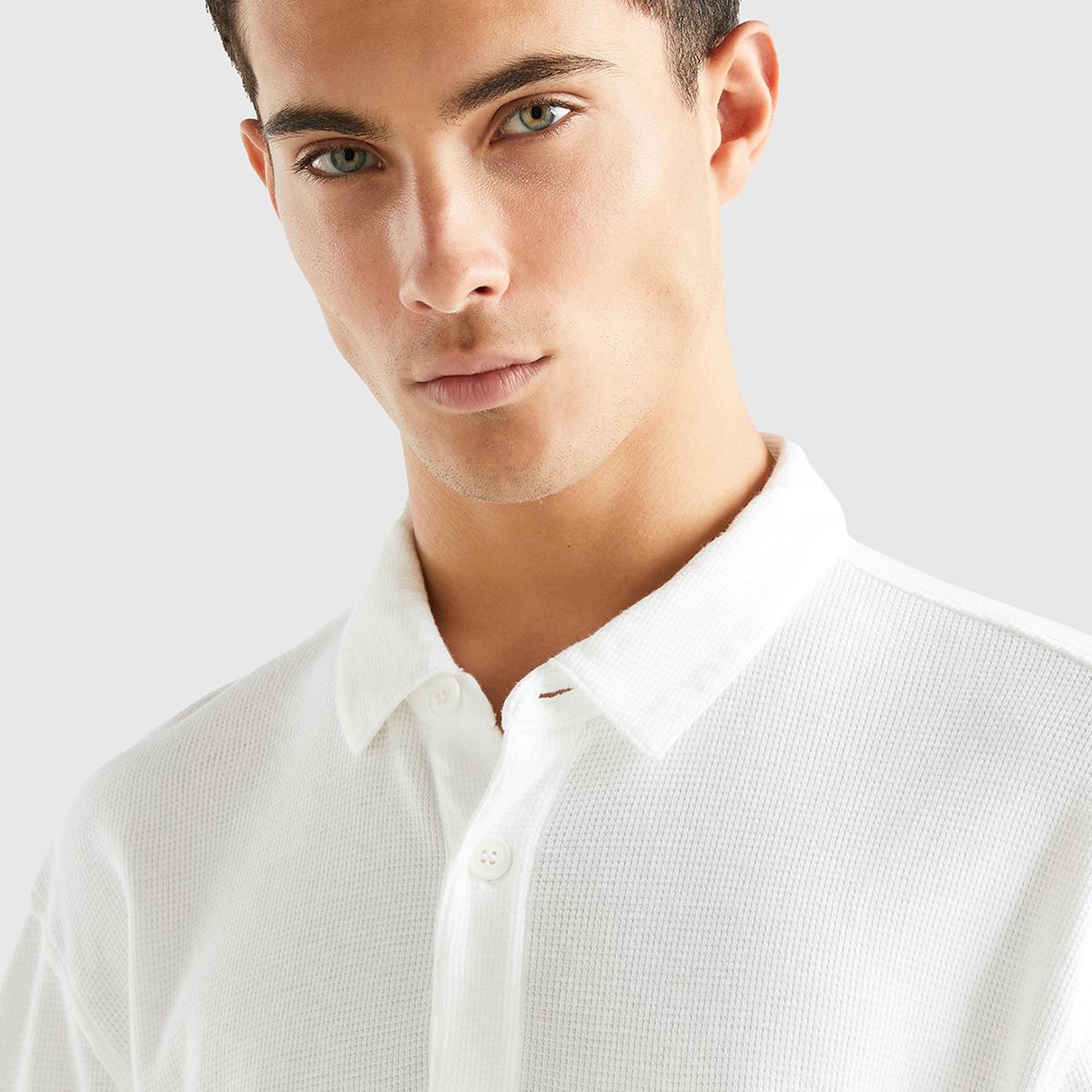 Erkek Beyaz %100 Koton Polo Yaka Waffle T-Shirt