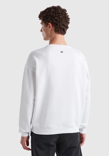  Erkek Beyaz %100 Koton Tavşan Baskılı Sweatshirt