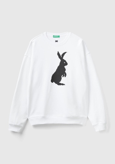  Erkek Beyaz %100 Koton Tavşan Baskılı Sweatshirt