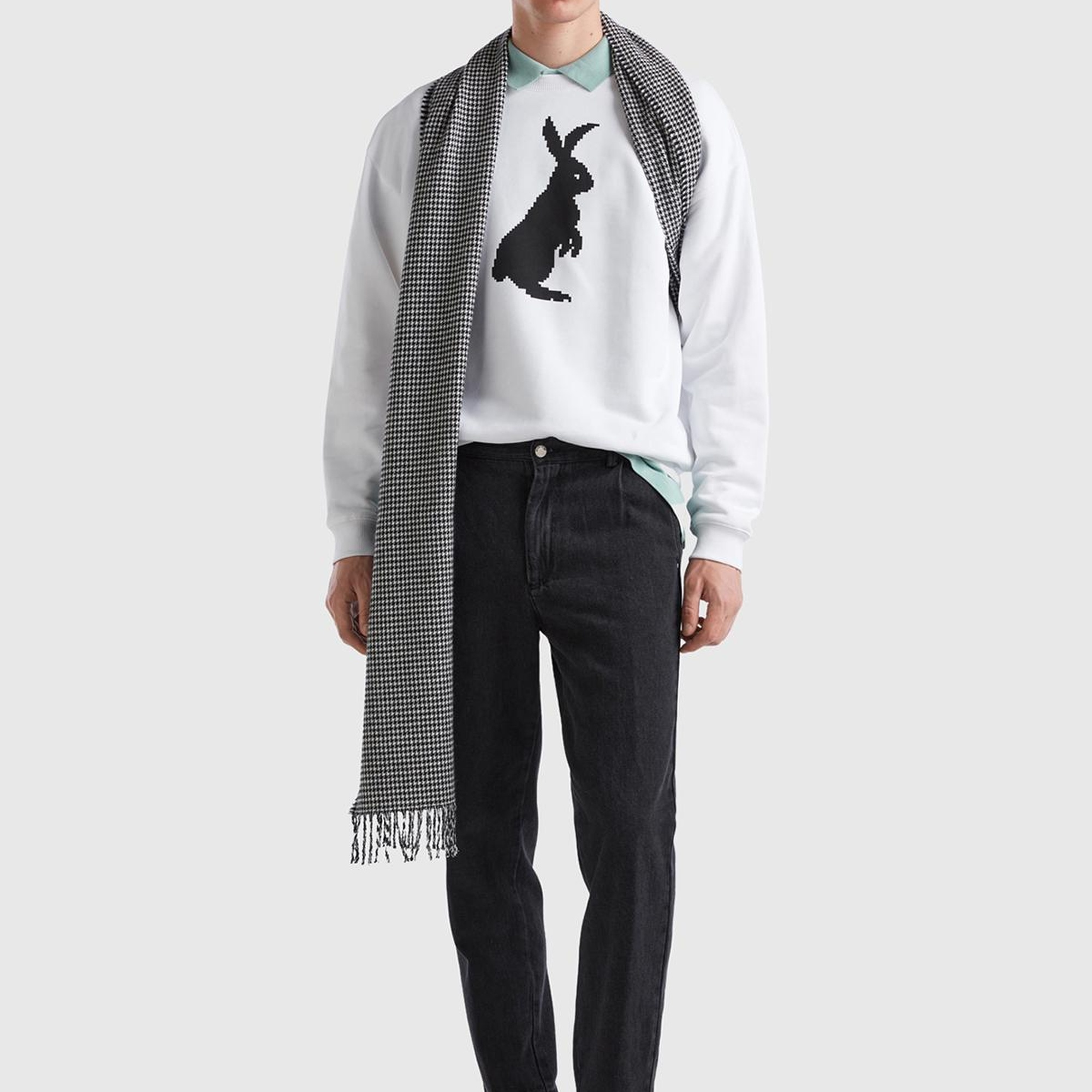 Erkek Beyaz %100 Koton Tavşan Baskılı Sweatshirt