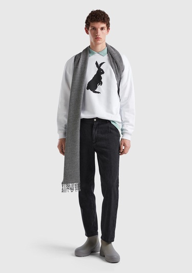  Erkek Beyaz %100 Koton Tavşan Baskılı Sweatshirt