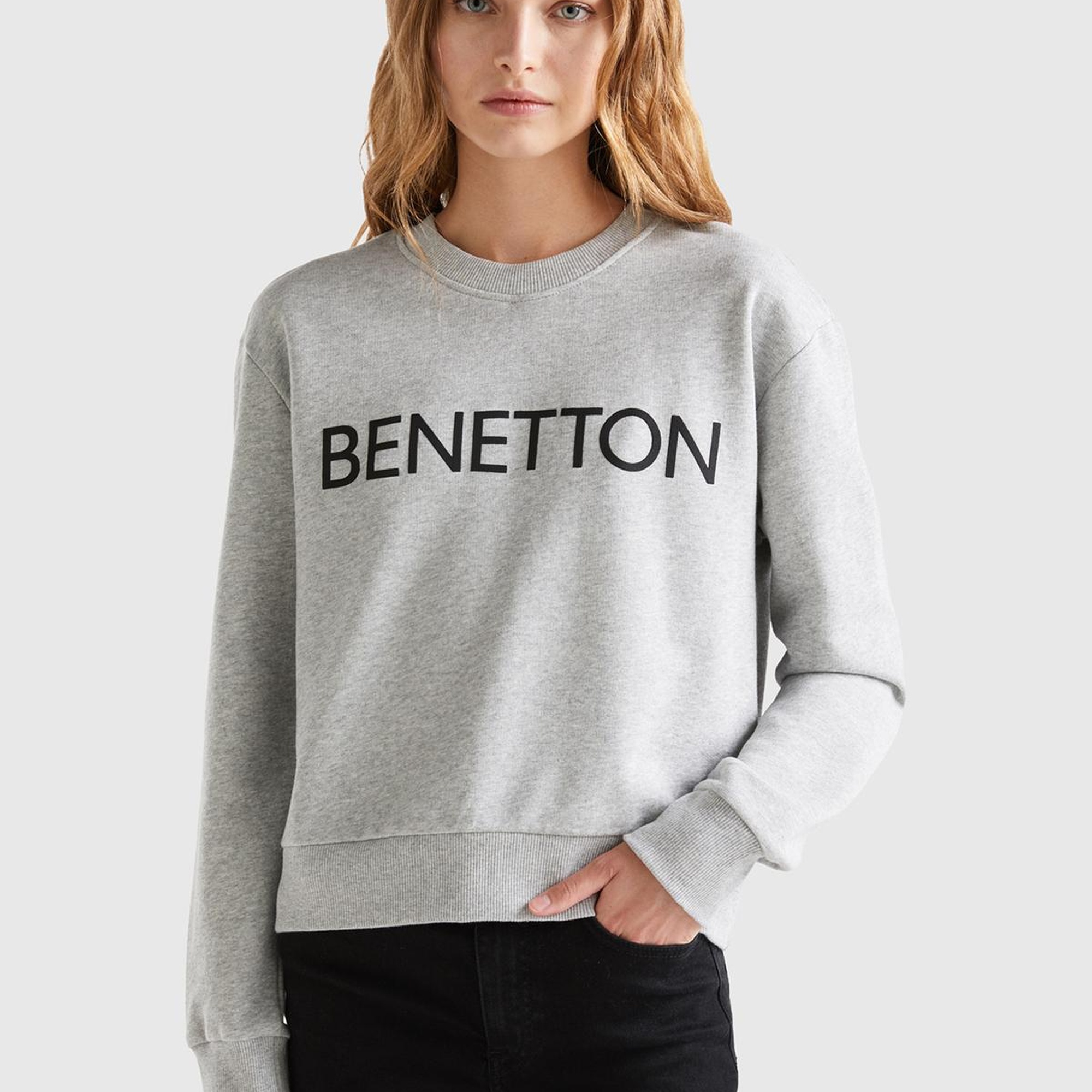 Kadın Gri Melanj %100 Koton Rahat Kalıp Benetton Yazılı Sweatshirt