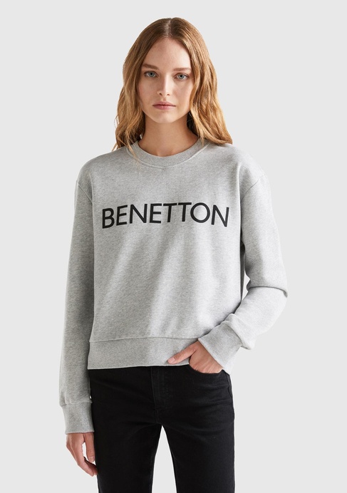  Kadın Gri Melanj %100 Koton Rahat Kalıp Benetton Yazılı Sweatshirt