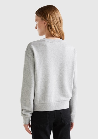  Kadın Gri Melanj %100 Koton Rahat Kalıp Benetton Yazılı Sweatshirt