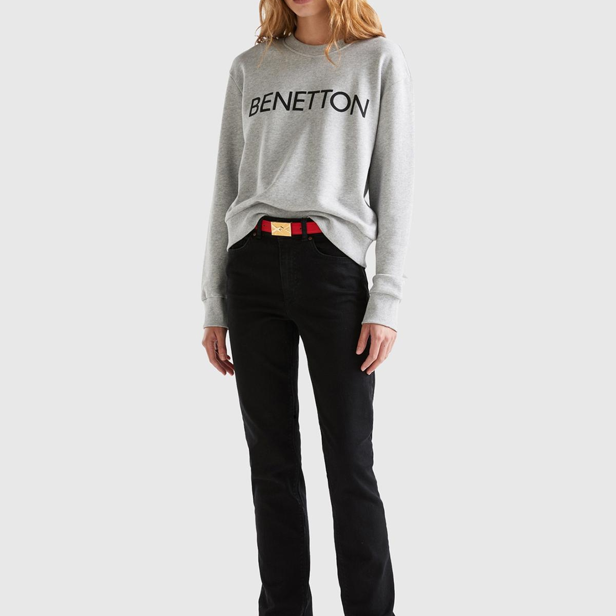 Kadın Gri Melanj %100 Koton Rahat Kalıp Benetton Yazılı Sweatshirt