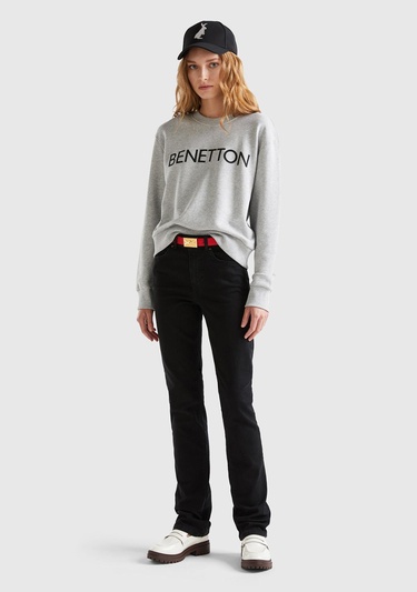  Kadın Gri Melanj %100 Koton Rahat Kalıp Benetton Yazılı Sweatshirt