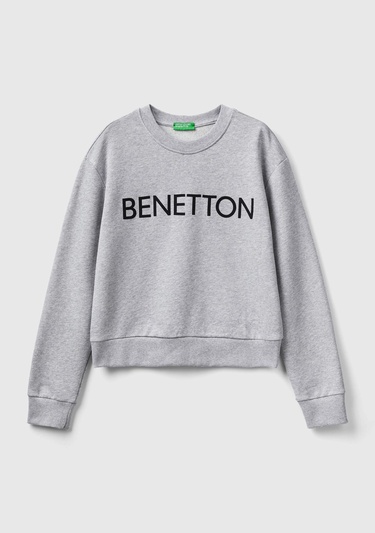  Kadın Gri Melanj %100 Koton Rahat Kalıp Benetton Yazılı Sweatshirt