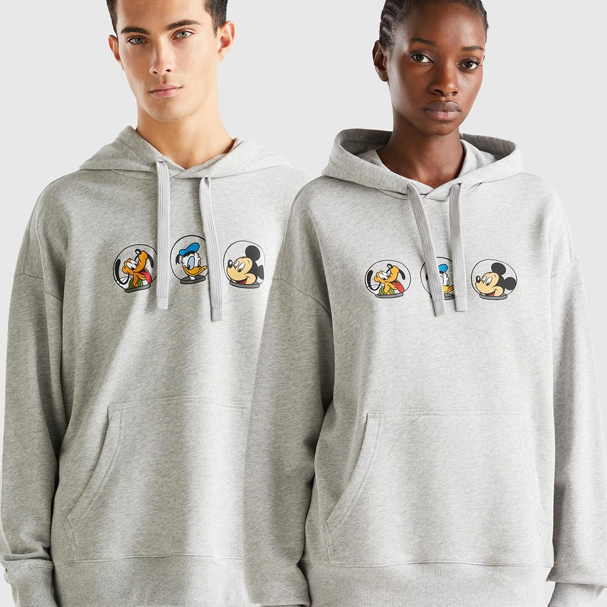 Unisex Gri Melanj Disney Desenli Kapşonlu Sweatshirt