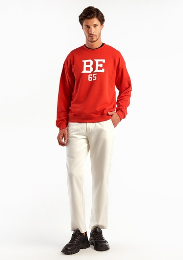  Erkek Kırmızı %100 Koton Tavşan Baskılı Sweatshirt