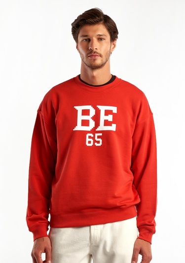 Erkek Kırmızı %100 Koton Tavşan Baskılı Sweatshirt