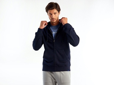  Erkek Lacivert Kapüşonlu Fermuarlı Sweatshirt