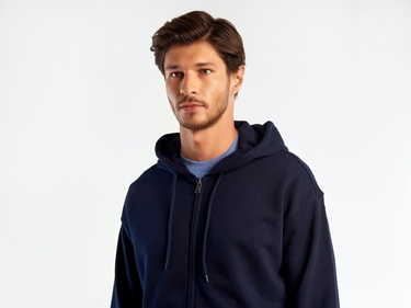  Erkek Lacivert Kapüşonlu Fermuarlı Sweatshirt