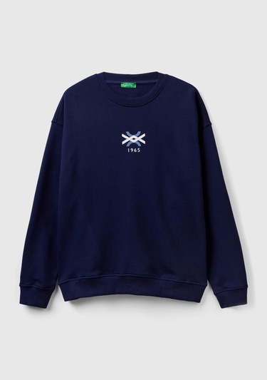  Erkek Mavi Desenli Logo Baskılı Sweatshirt