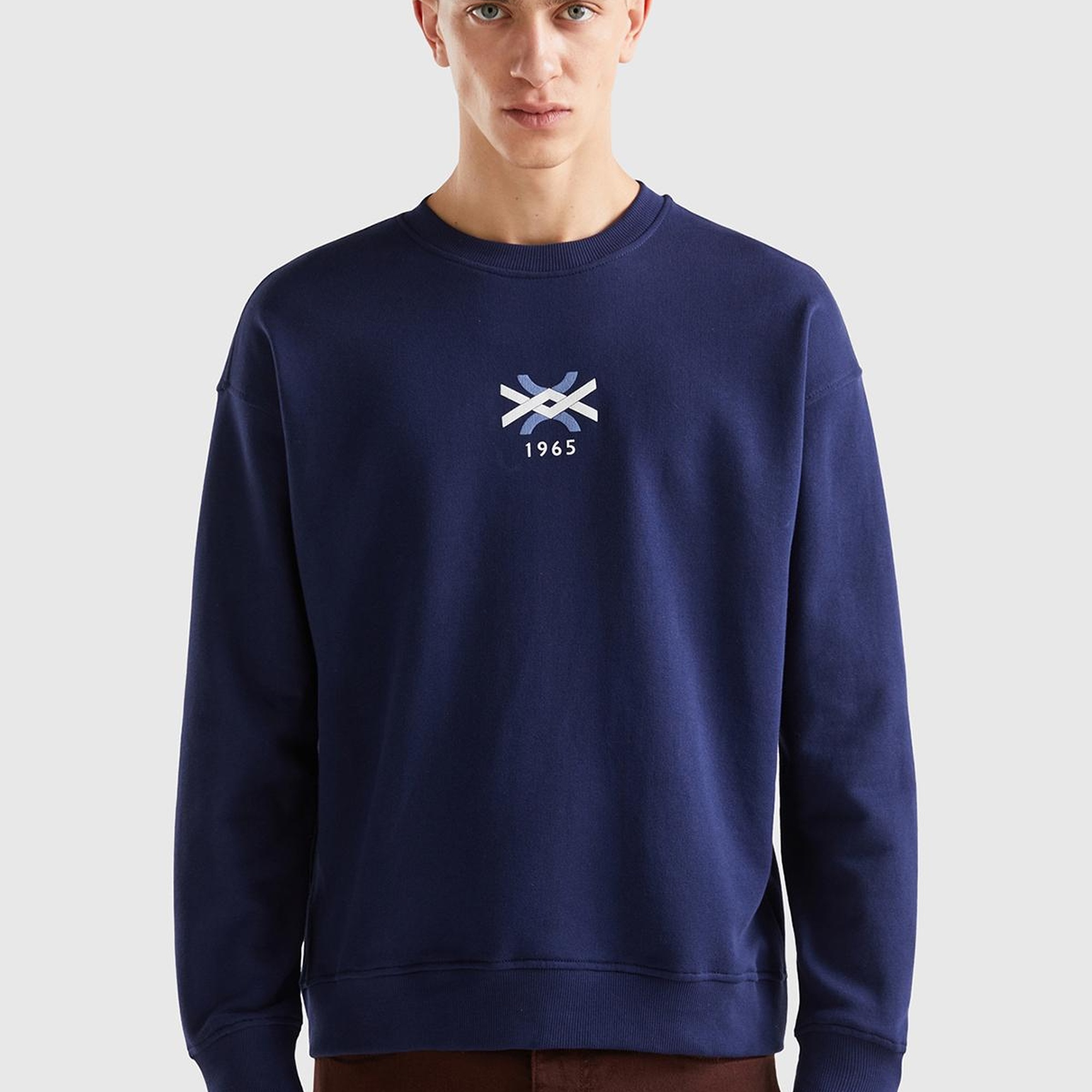 Erkek Mavi Desenli Logo Baskılı Sweatshirt