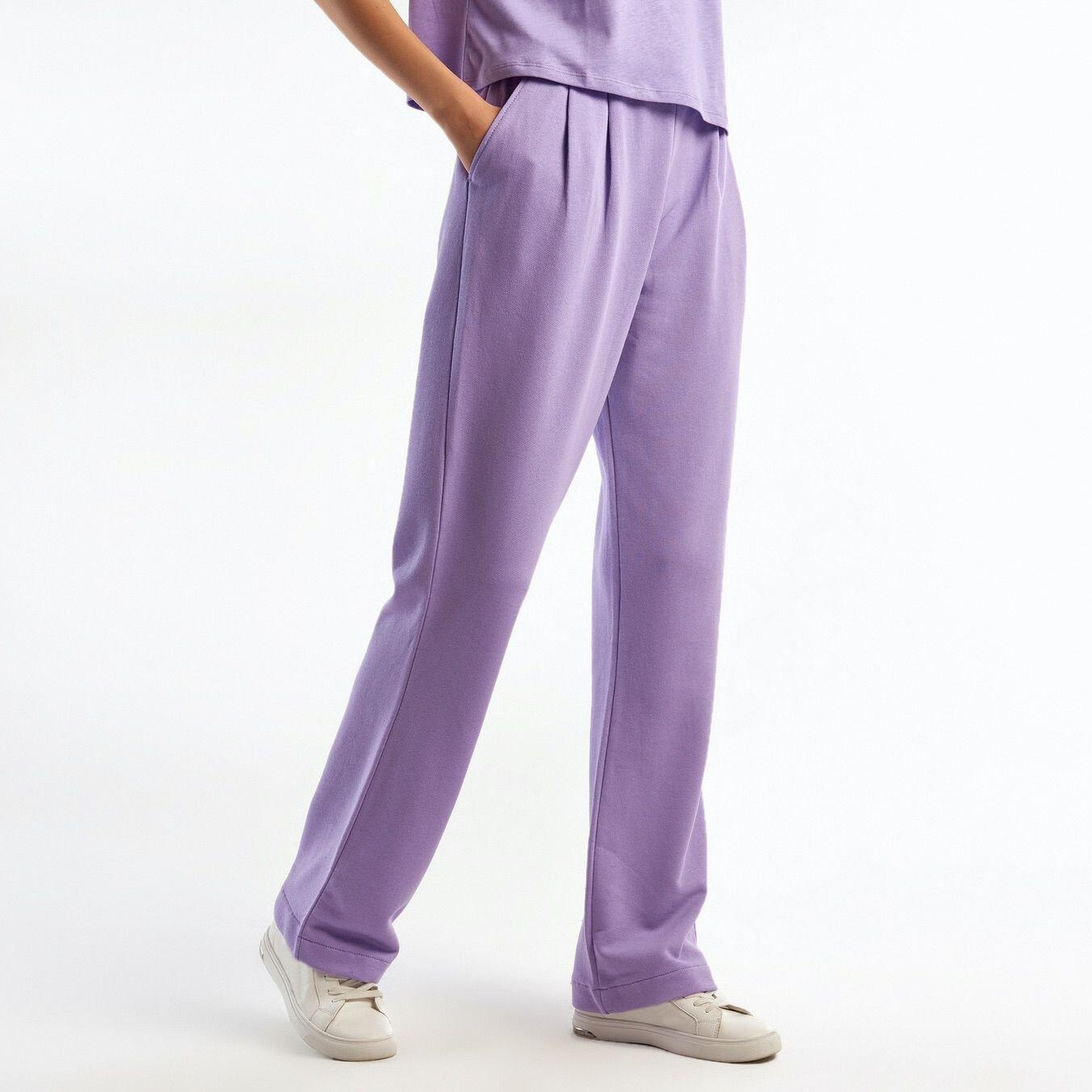 Kadın Lila %100 Koton Beli Lastikli Rahat Kalıp Pantolon