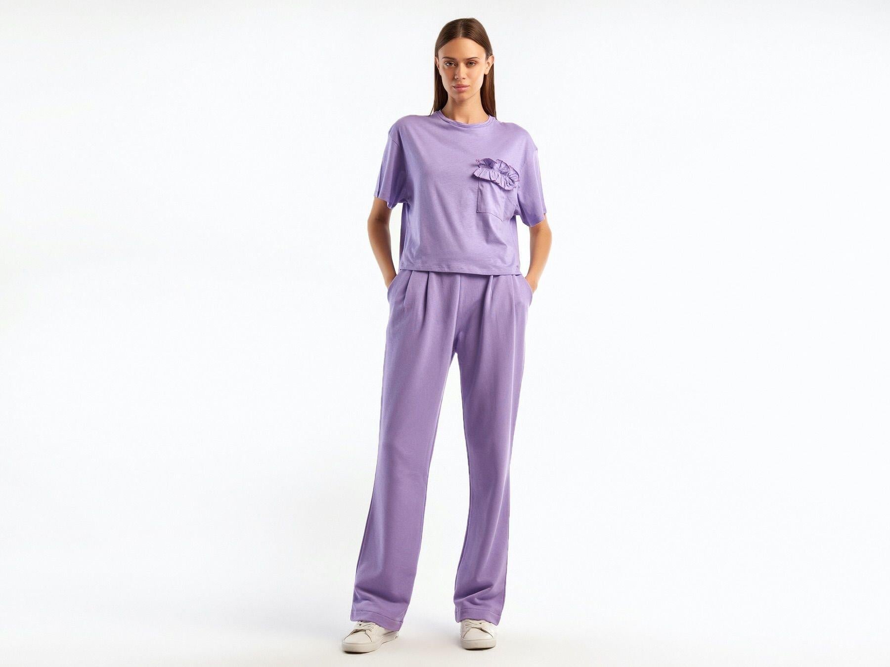  Kadın Lila %100 Koton Beli Lastikli Rahat Kalıp Pantolon