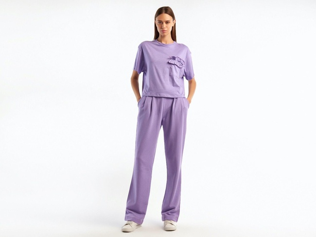  Kadın Lila %100 Koton Beli Lastikli Rahat Kalıp Pantolon