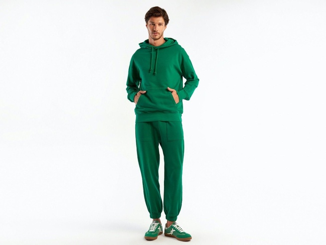  Erkek Yeşil Kapşonlu Kangru Cepli Sweatshirt