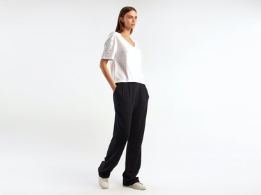  Kadın Siyah %100 Koton Beli Lastikli Rahat Kalıp Pantolon