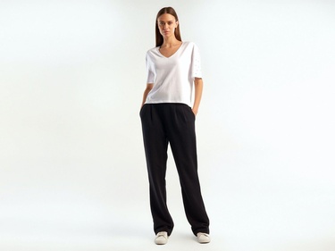  Kadın Siyah %100 Koton Beli Lastikli Rahat Kalıp Pantolon