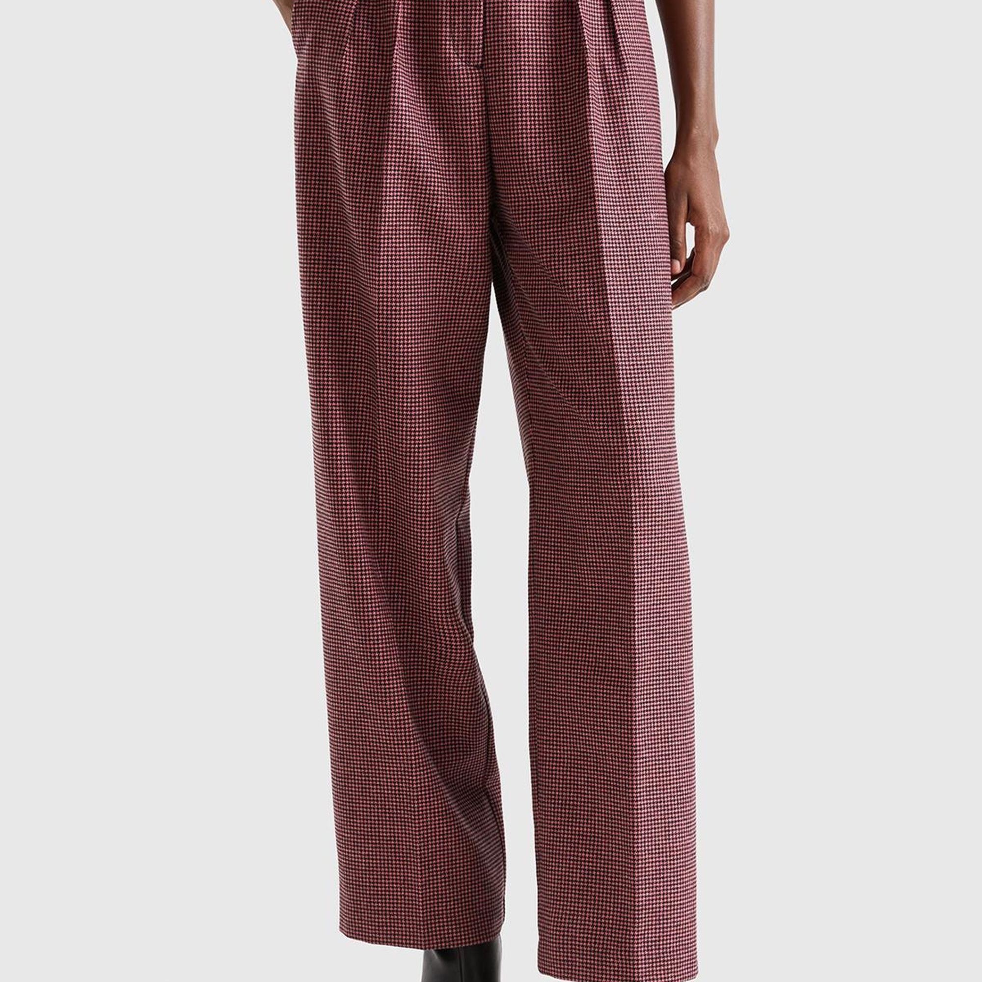 Kadın Pembe Mix Kazayağı Desenli Geniş Paça Pantolon