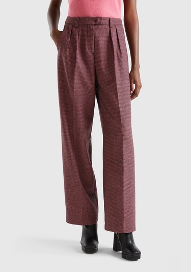  Kadın Pembe Mix Kazayağı Desenli Geniş Paça Pantolon