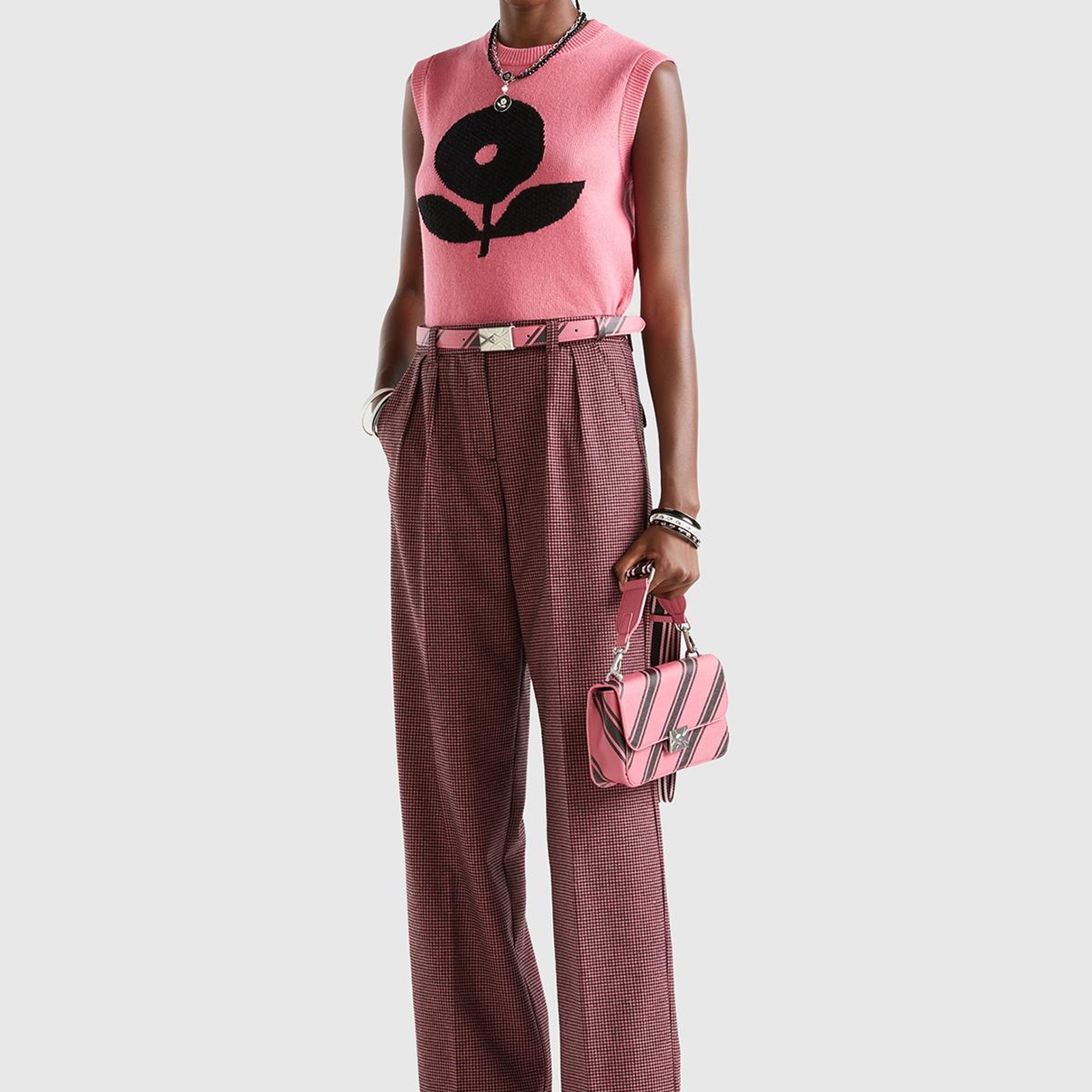 Kadın Pembe Mix Kazayağı Desenli Geniş Paça Pantolon