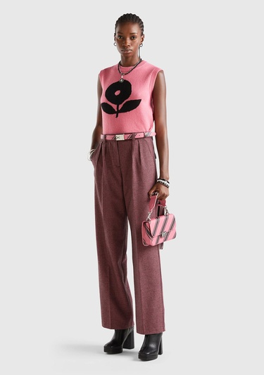  Kadın Pembe Mix Kazayağı Desenli Geniş Paça Pantolon