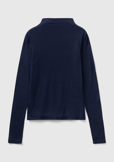  Kadın Lacivert Viskoz/Yün Karışımlı Uzun Kollu Yarım Balıkçı T-Shirt